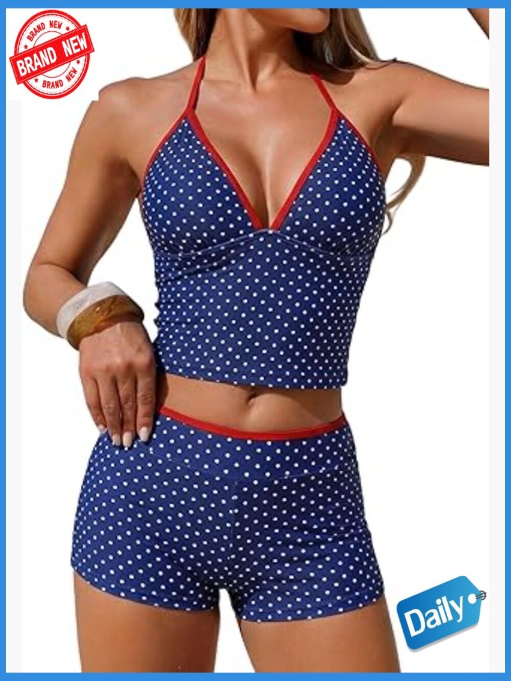 V Neck Halter Tankini with Boyshorts Tummy Control Swimset